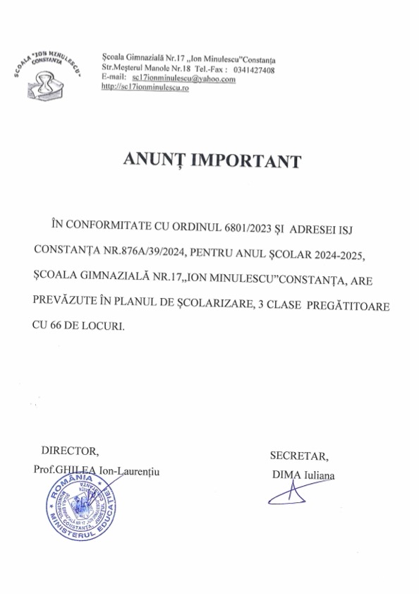 Anunț Pregătitoare 2024-2025