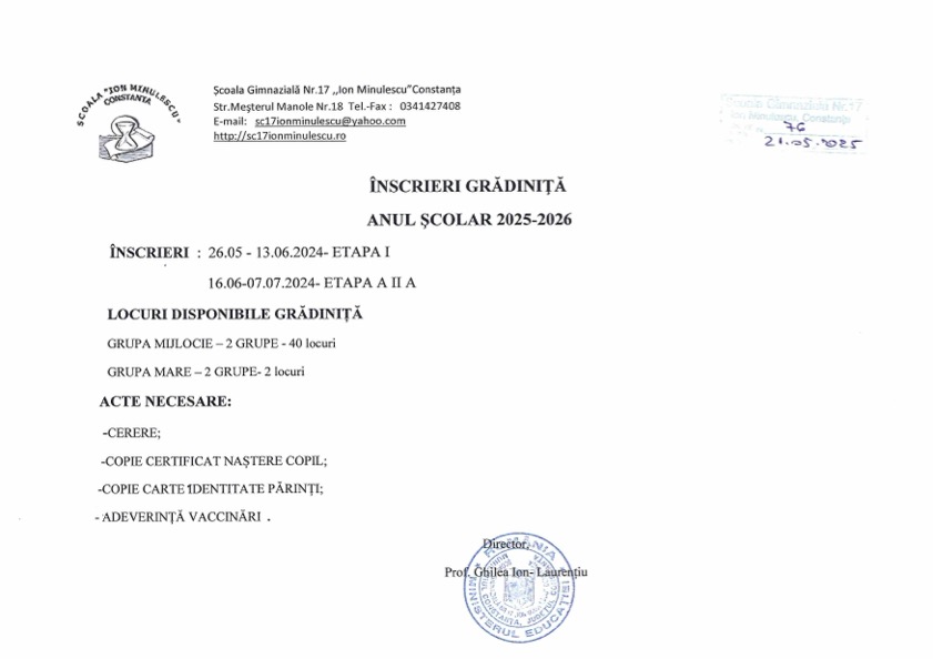 Anunt gradinita 2025-2026